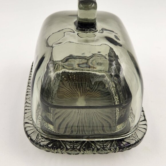 Vtg Smoky Quartz Glass Oversized Butter Cheese Dish Covered Lid Cut Design - Picture 8 of 9